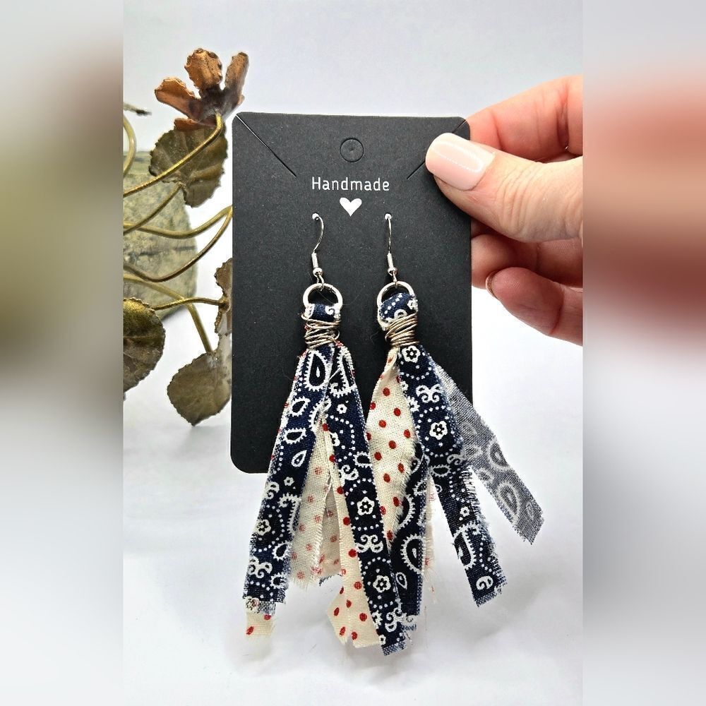 "5/$40" Frayed Rag Wire Wrapped Handmade Patriotic Dangle Earrings 925 Ear Wires